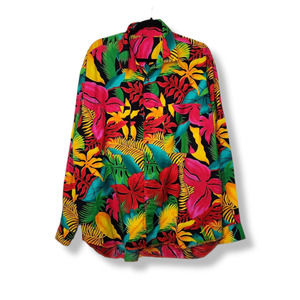 Vintage Neon Floral Hawaiian Button Pearl Snap Custom Handmade VTG